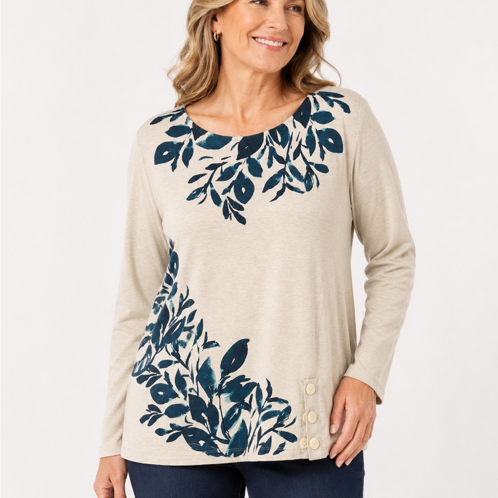 J. Jill Cream Long-Sleeve Tee with Teal Leaf‎ Print M